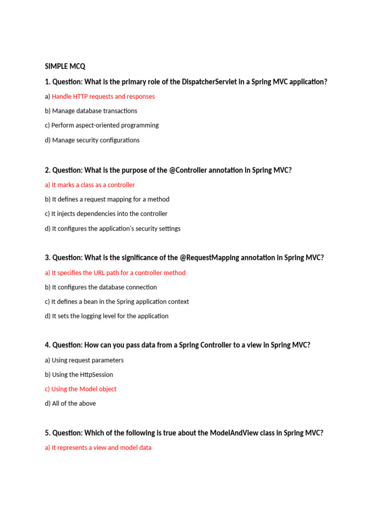 Spring MVC MCQ Questions and Answers | PDF