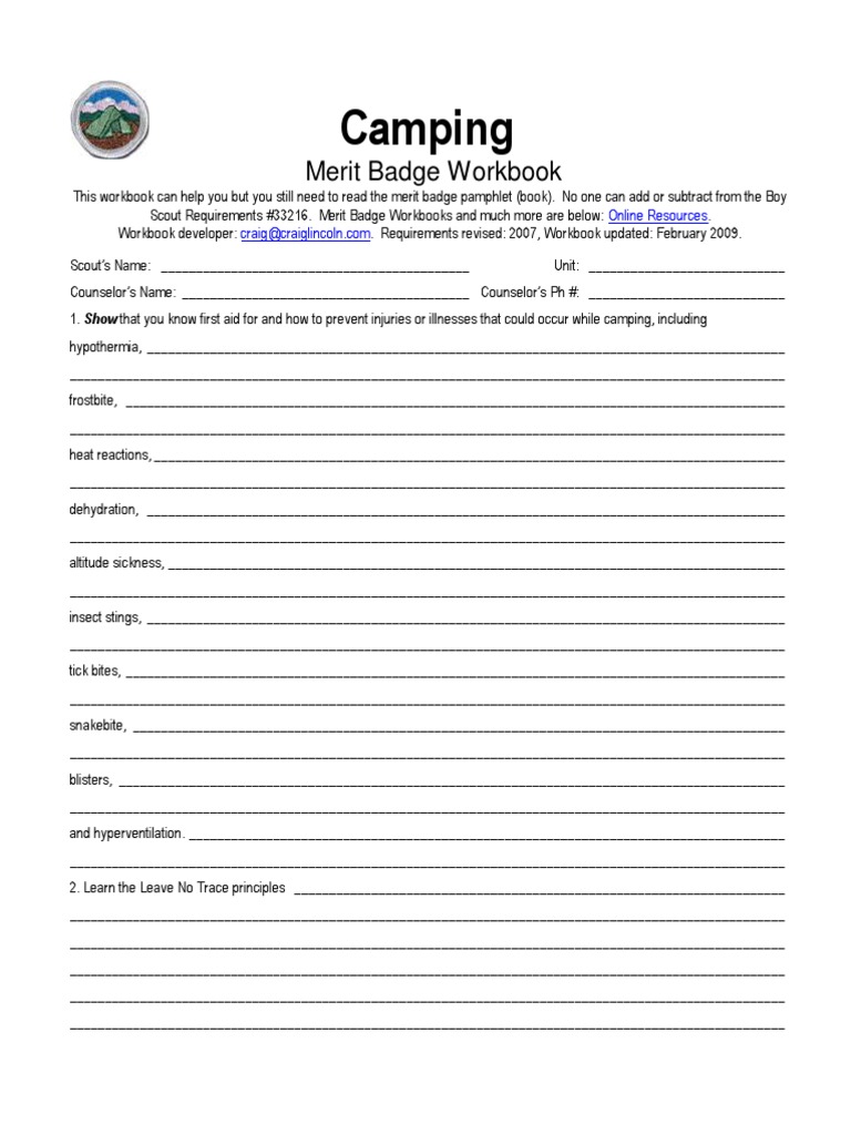worksheet Reading Merit Badge Worksheet camping merit badge workbook backpacking wilderness
