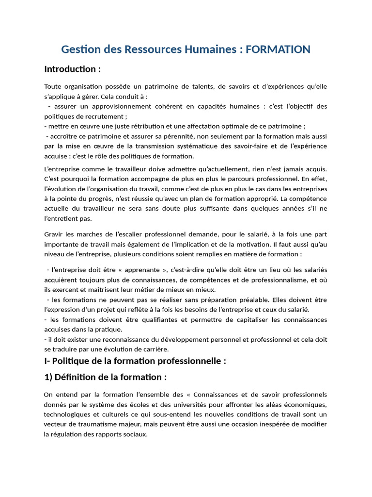 Formation Professionnelle et Enjeux RH | PDF | Business | Gestion des ...
