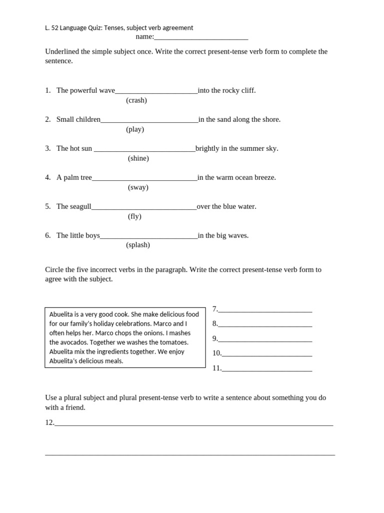 Language Quiz: Tenses & Agreement | PDF