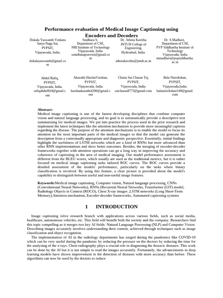 Performance Evaluation of Medical Image Captioning Using | PDF ...