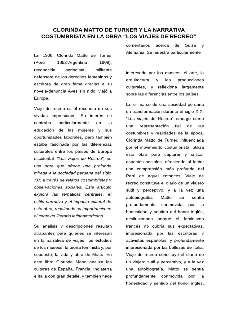 Clorinda Matto De Turner Y La Narrativa Costumbrista En La Obra Pdf