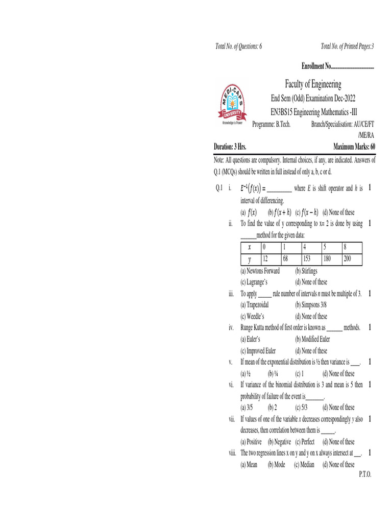 EN3BS15 Engineering Mathematics III | PDF | Regression Analysis ...