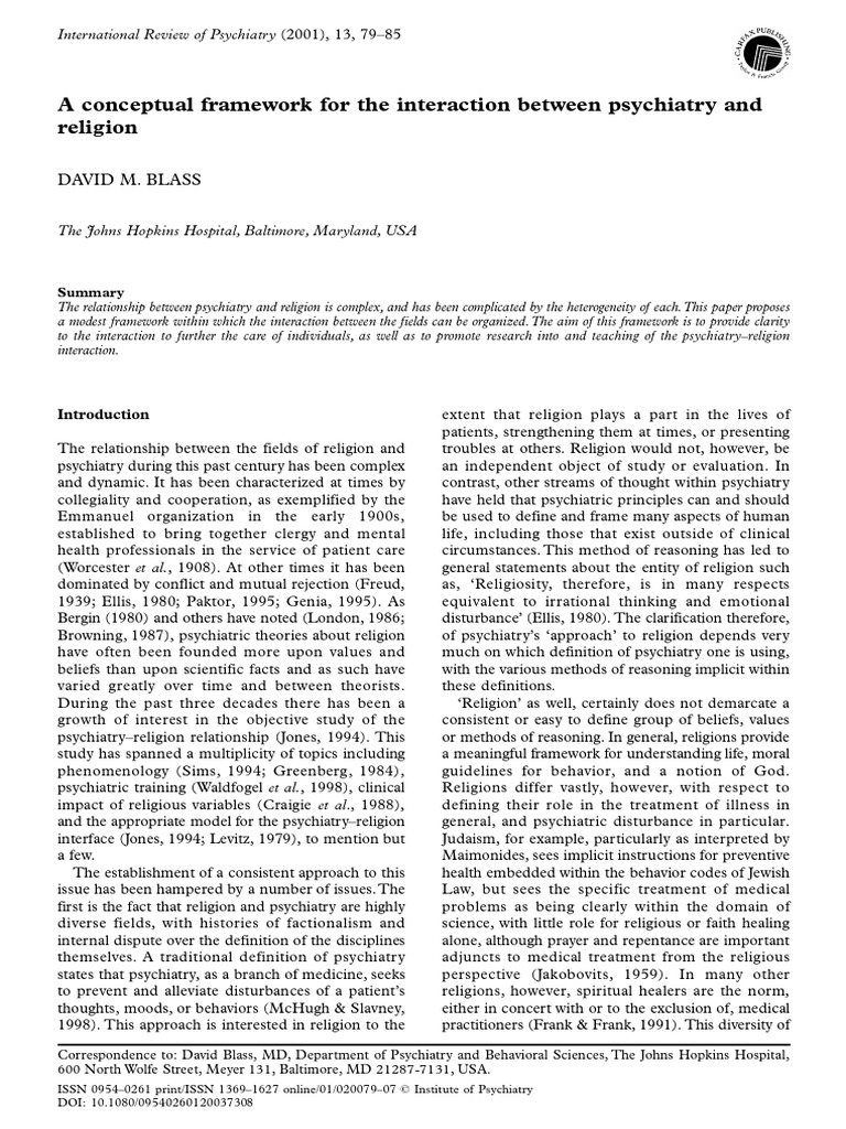 A Conceptual Framework For The Interaction Between Psychiatry and ...