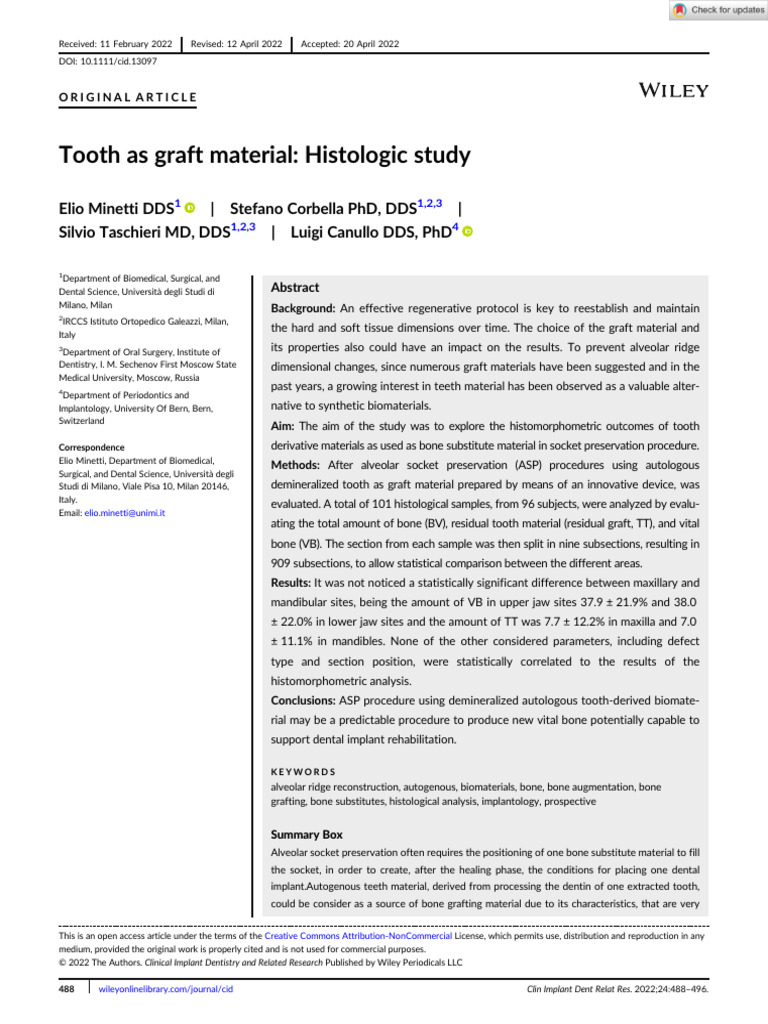 Clin Implant Dent Rel Res 2022 Minetti Tooth As Graft Material