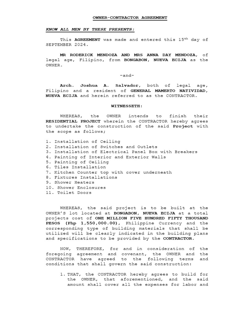 Owner-Contractor Agreement for Home Build | PDF | Specification ...