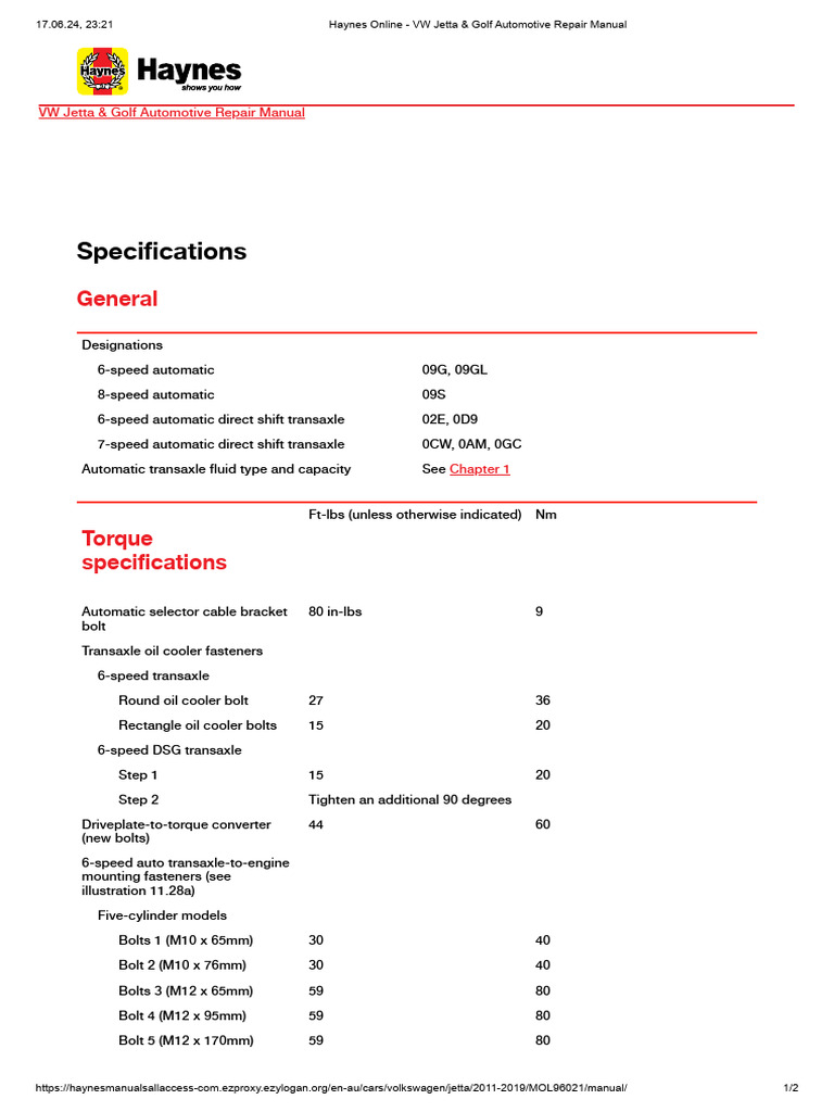 7b Automatic Transaxle 0 Specifications | PDF | Volkswagen Group ...