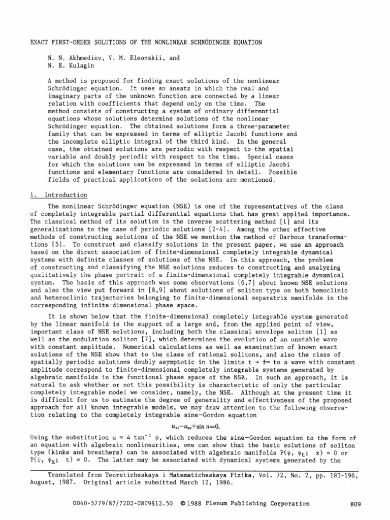 Exact First-Order Solutions of The Nonlinear SCHRD | PDF | Nonlinear ...