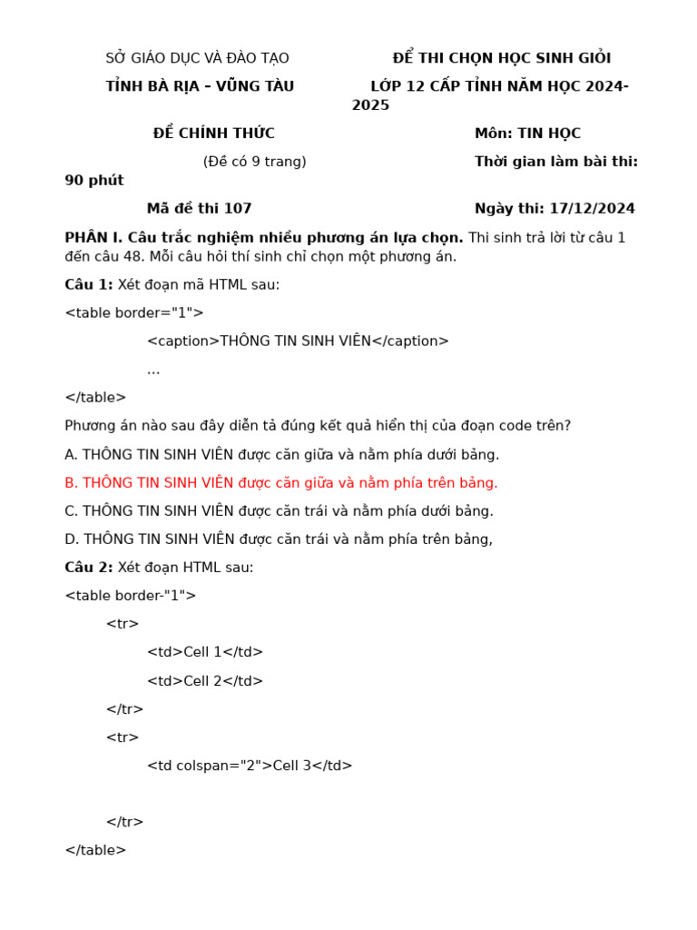 De Tthi HSG Tin 12 2024-2025 | PDF