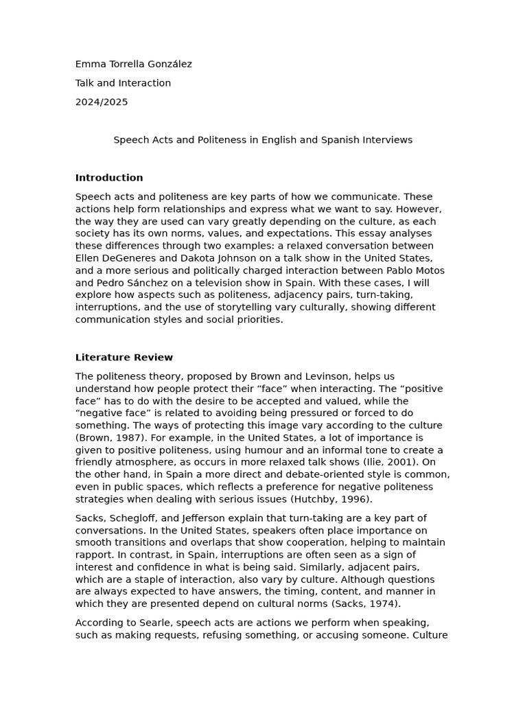 Speech Acts and Politeness in English and Spanish Interviews | PDF ...