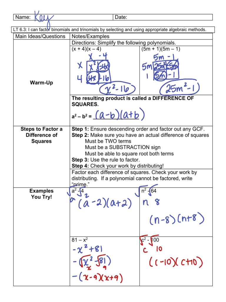 Notes Factoring Special Products Notes KEY | PDF | Algebra | Abstract ...