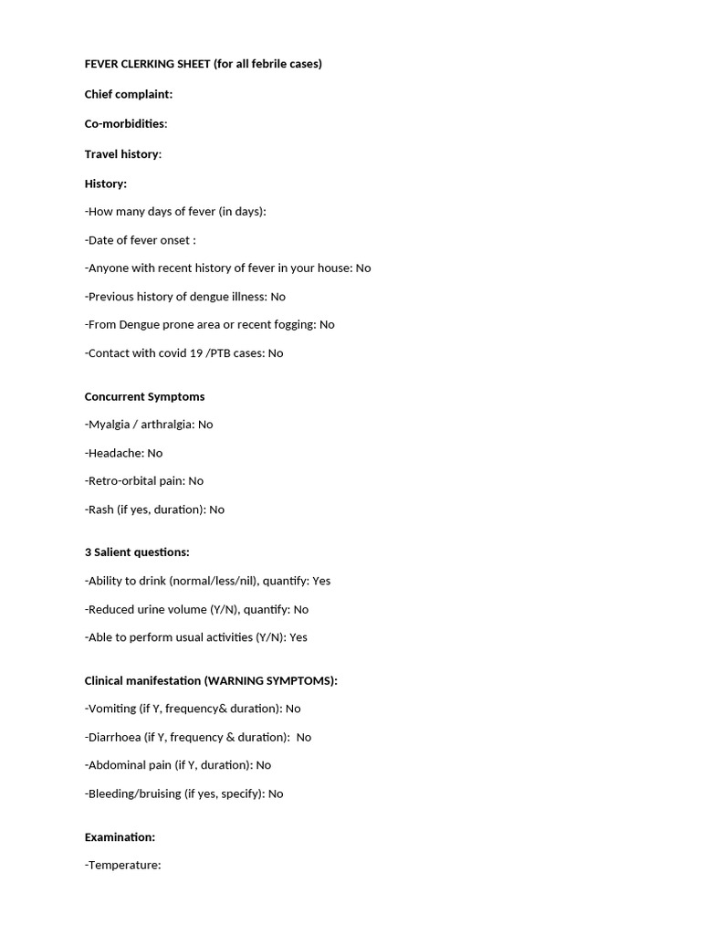 Febrile Case Clerking Sheet | PDF