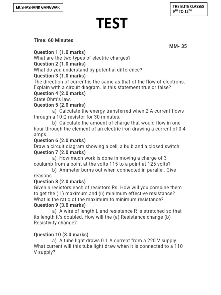 Electricity Test | PDF | Electrical Resistance And Conductance | Series ...