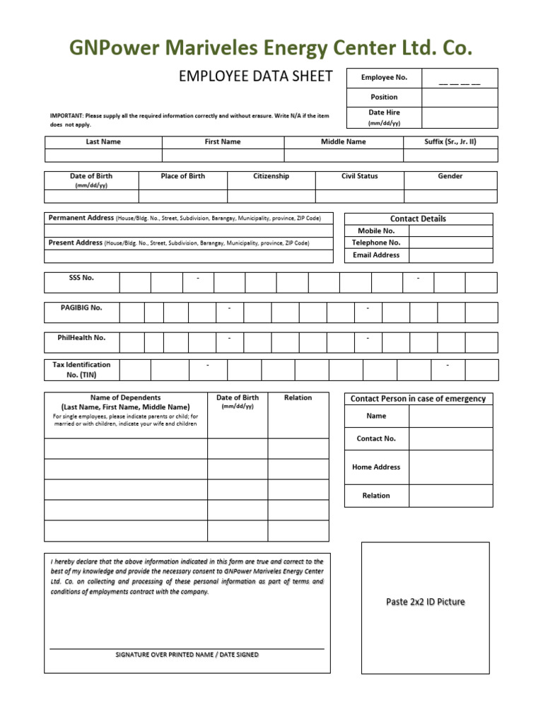 Gnpower Mariveles Energy Center Ltd. Co.: Employee Data Sheet | PDF