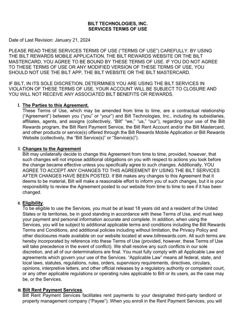 Bilt Services Terms of Use | PDF | Arbitration | Payments