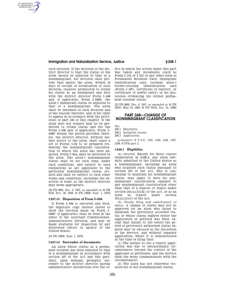 8 CFR 248 | PDF | Government | Law Of The United States