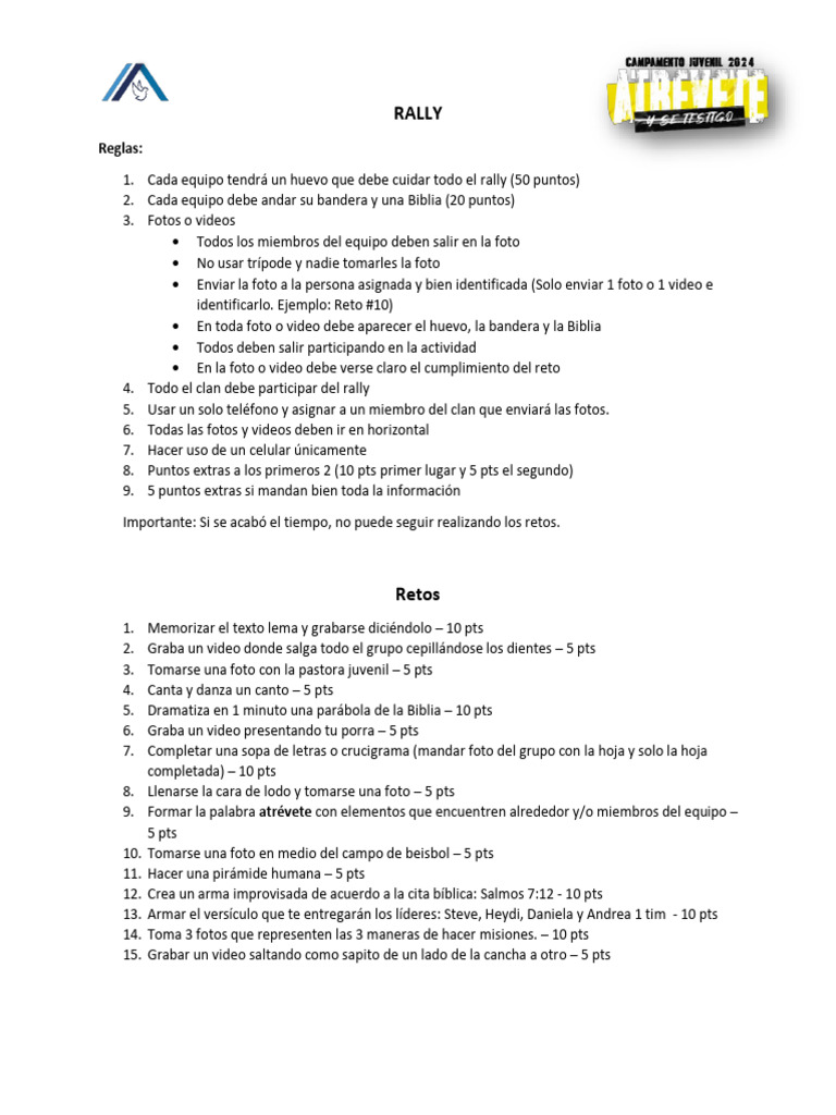 Reglas y Retos para el Rally Juvenil | PDF