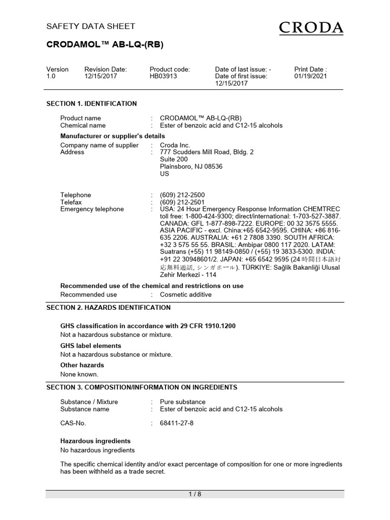 HB03913 - Crodamol Ab-Lq - (RB) - Usensds | PDF | Solubility ...