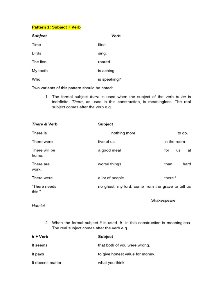 verb patterns | PDF | Subject (Grammar) | Verb