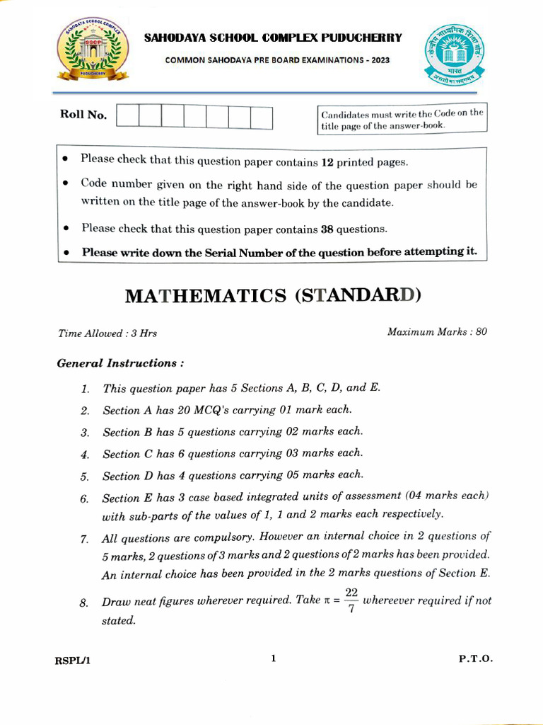 Class 1 Math Question Paper | PDF | Triangle | Elementary Geometry