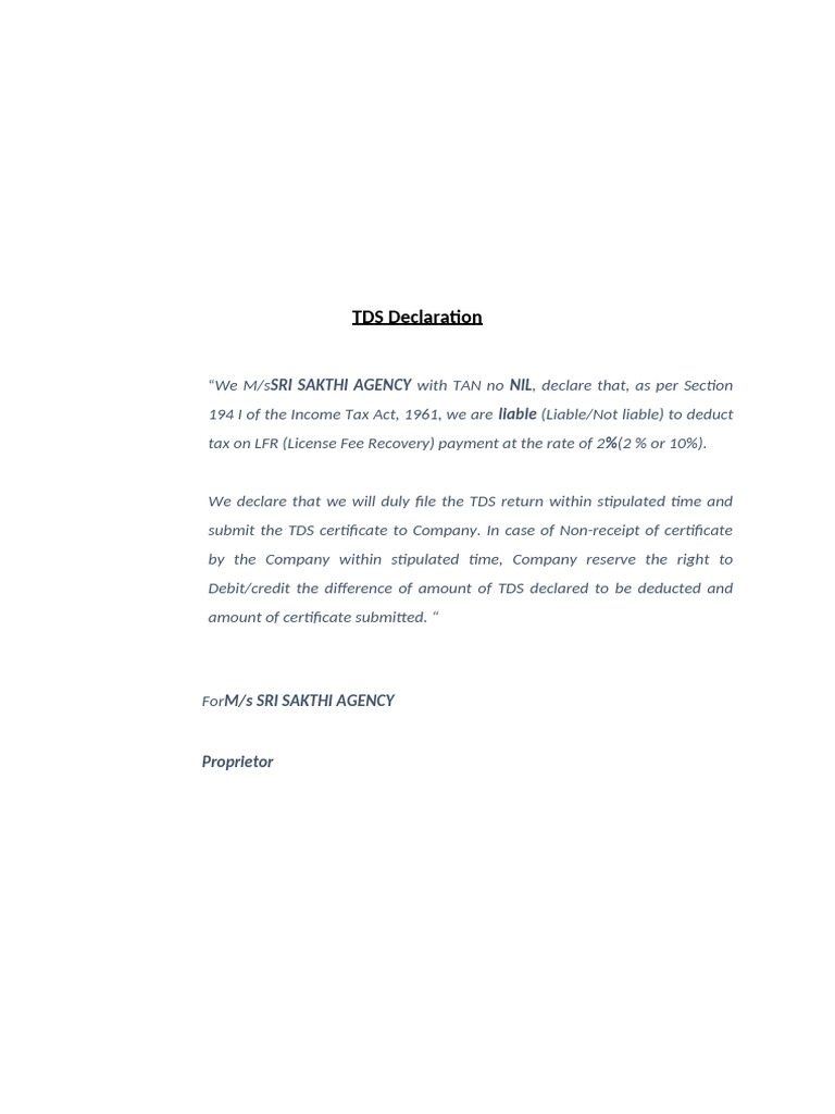 TDS Declaration by SRI SAKTHI AGENCY | PDF