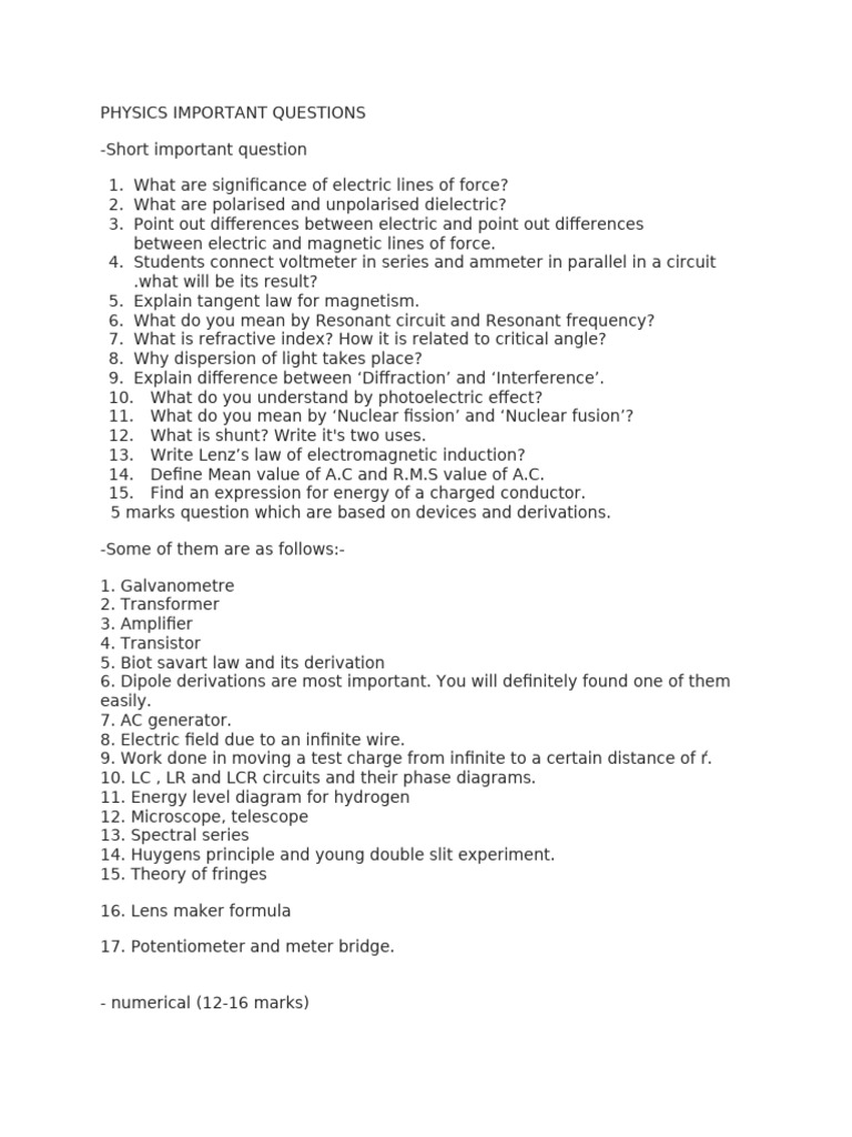 Class 12 Physics Important Questions | PDF | Electric Current | Electricity