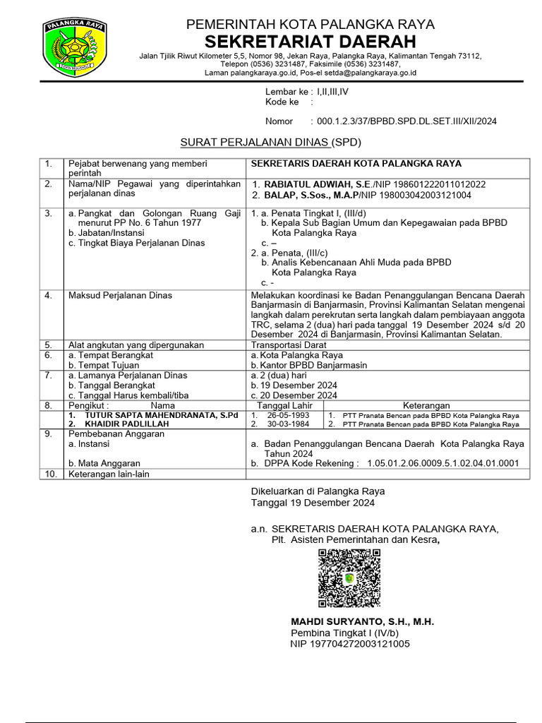 SPD Perjalanan Dinas Palangka Raya | PDF