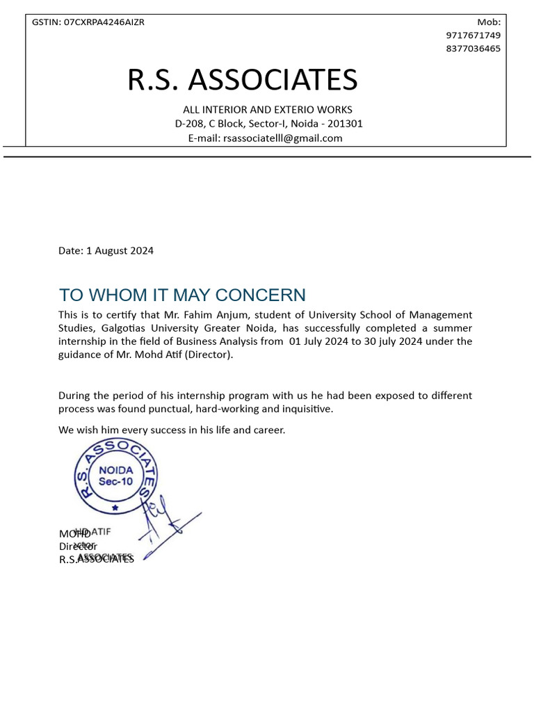 Internship Certificate for Fahim Anjum | PDF