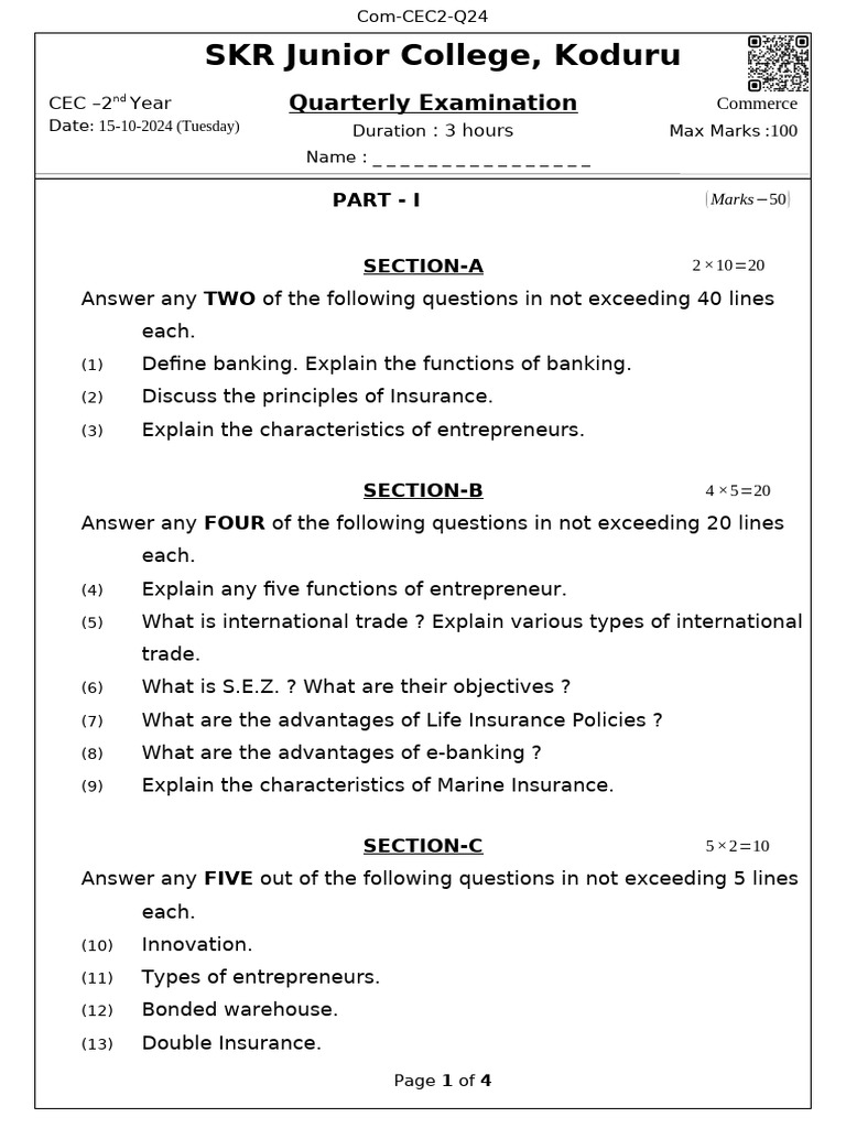 Commerce AP Intermediate 2nd Year Quarterly Exam Paper - 2024-2025 ...