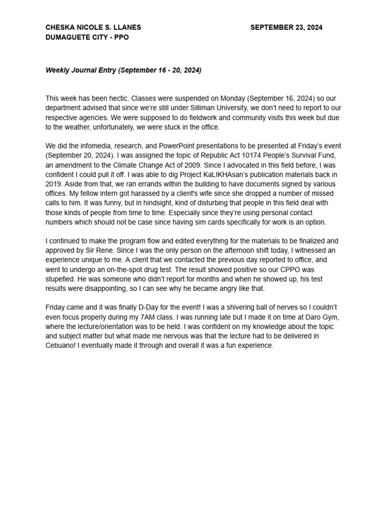 Weekly Journal Entry (September 16 - 20, 2024) | PDF