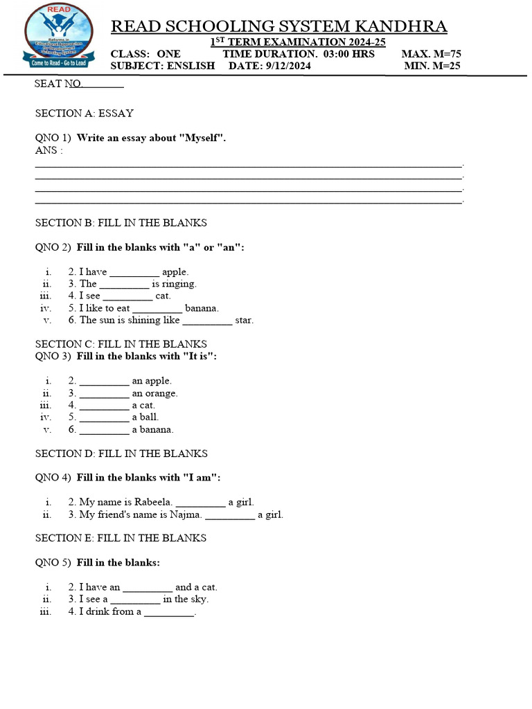 1st Term Exam Paper for Class One | PDF