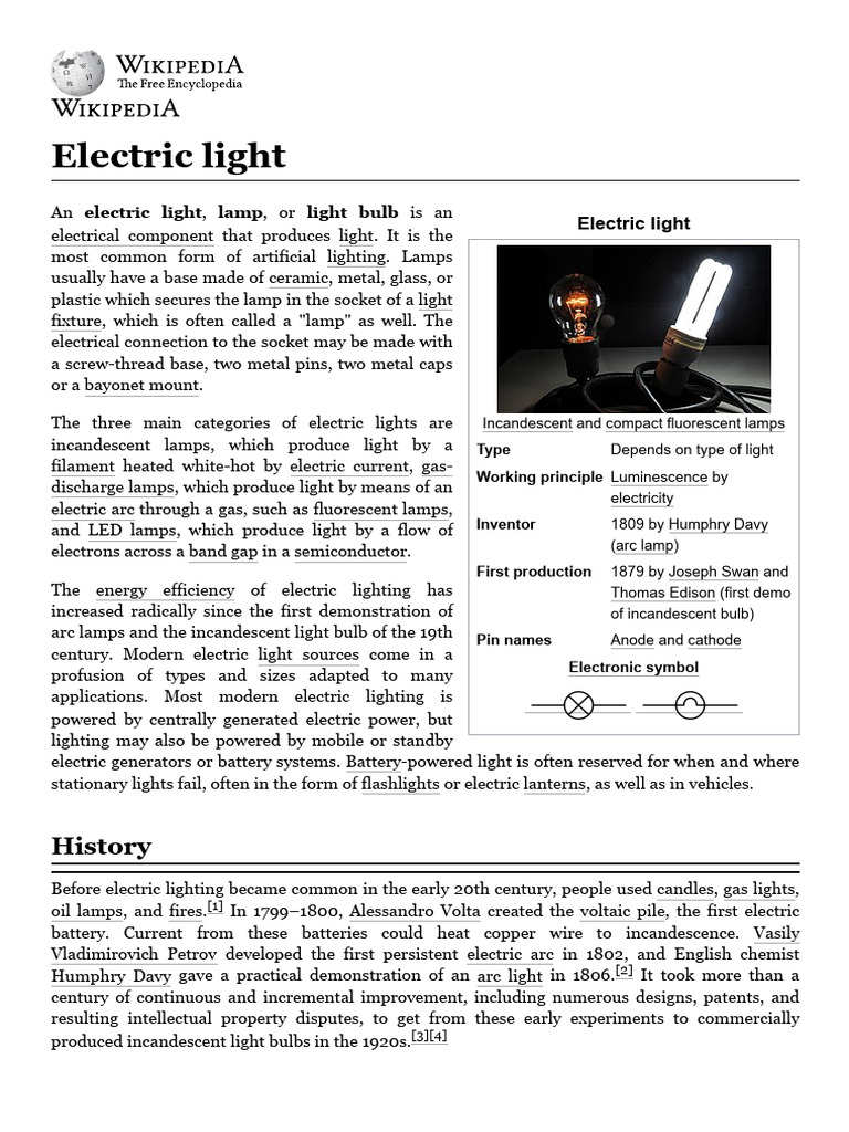 Electric Light - Wikipedia | PDF | Incandescent Light Bulb ...