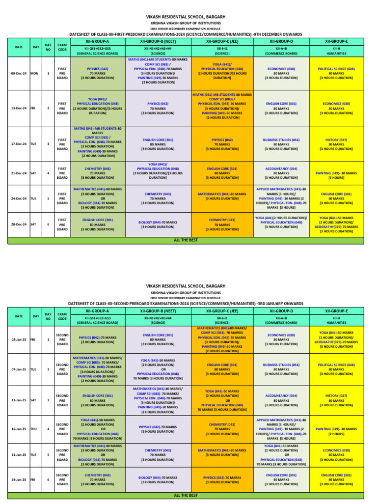 Final Datesheets of Preboards Xii 2024 25 | PDF | Educational ...