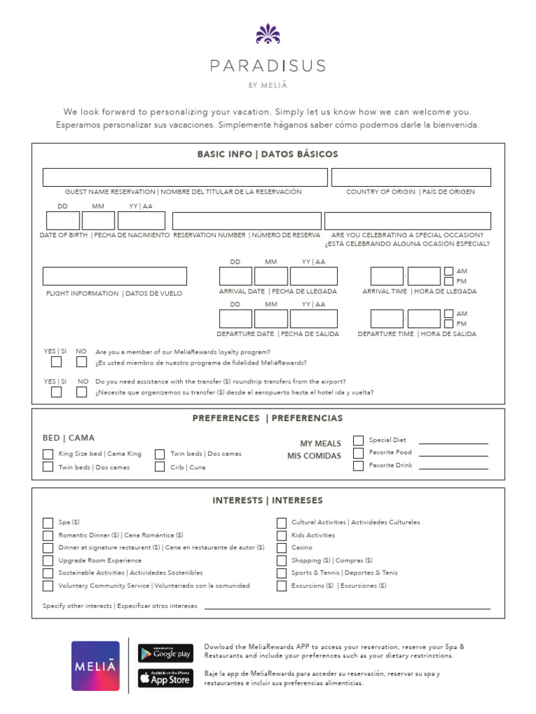 Pre-Arrival Form for Guest Reservations | PDF