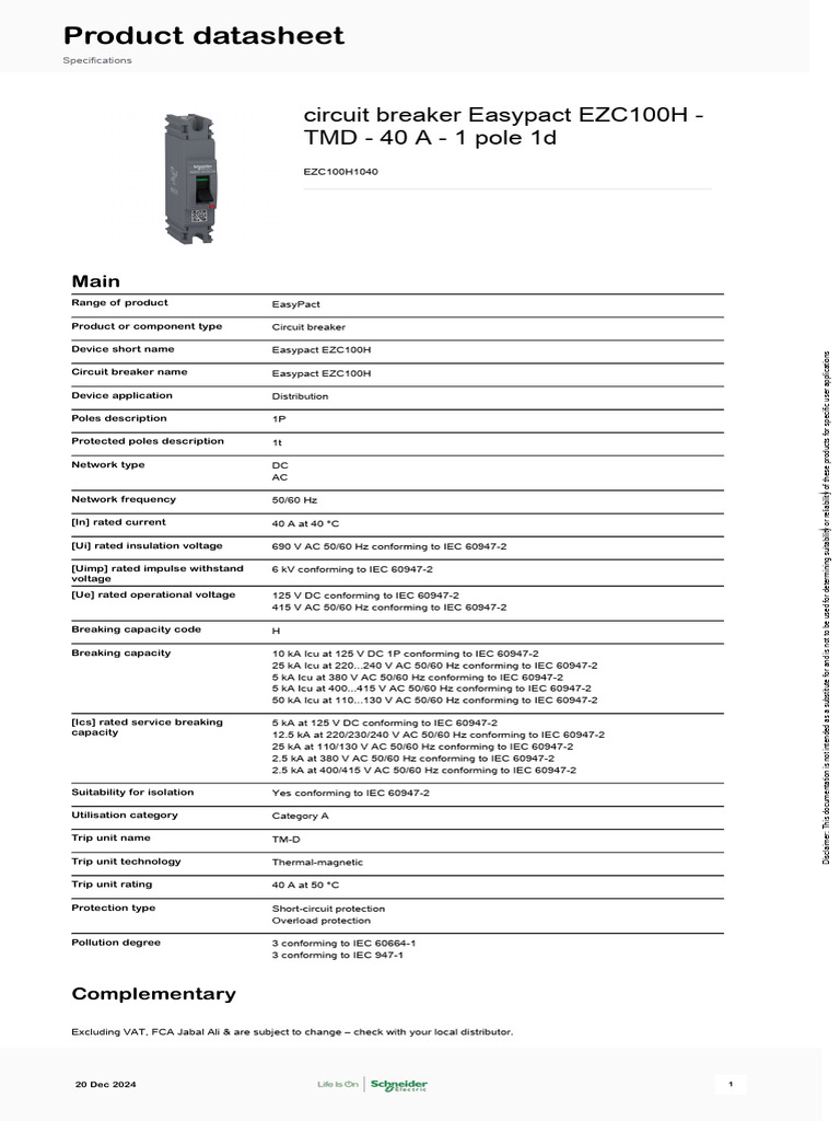 Easypact EZC100H Circuit Breaker 40A | PDF | Alternating Current ...