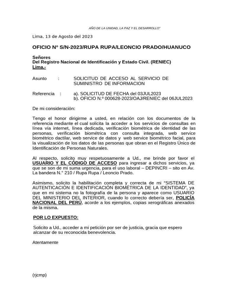Solicitud de Acceso a Servicios RENIEC | PDF