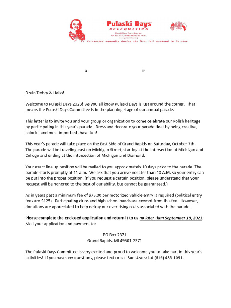 Pulaski Days Parade 2023 Invitation | PDF