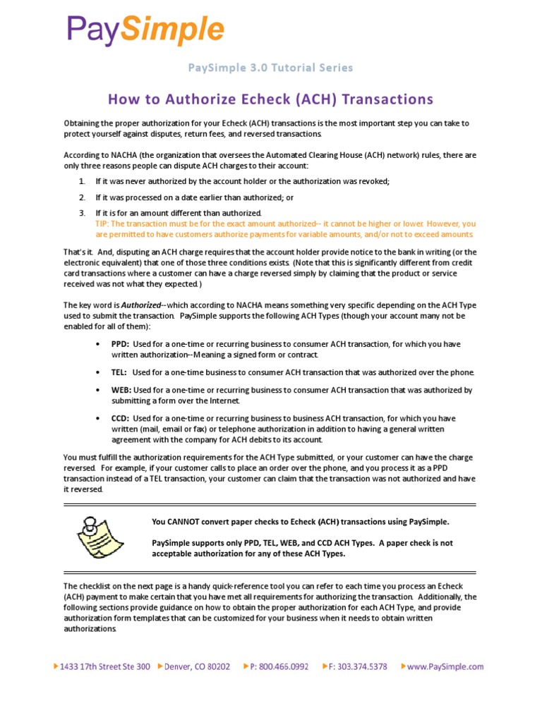 Echeck (ACH) Authorization Guide | PDF | Financial Transaction | Payments