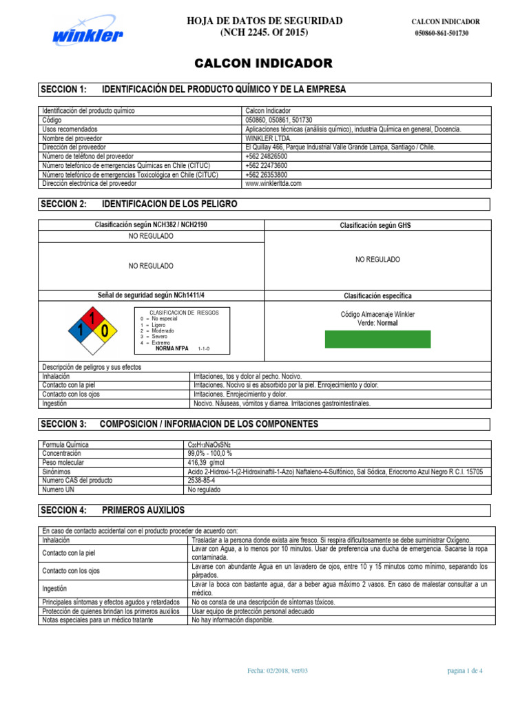 Hoja de Seguridad Calcon Indicador | PDF | Agua | Residuos