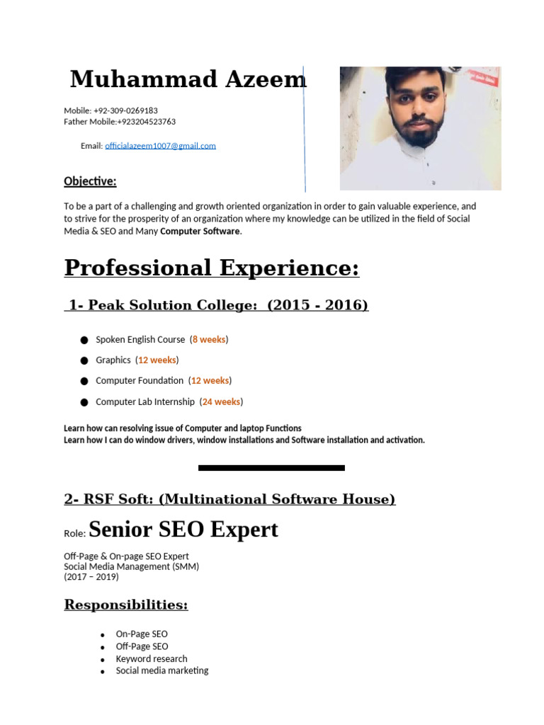 Azeem CV 26-9-2023 NEW Updated Without Keywords & Projects | PDF ...