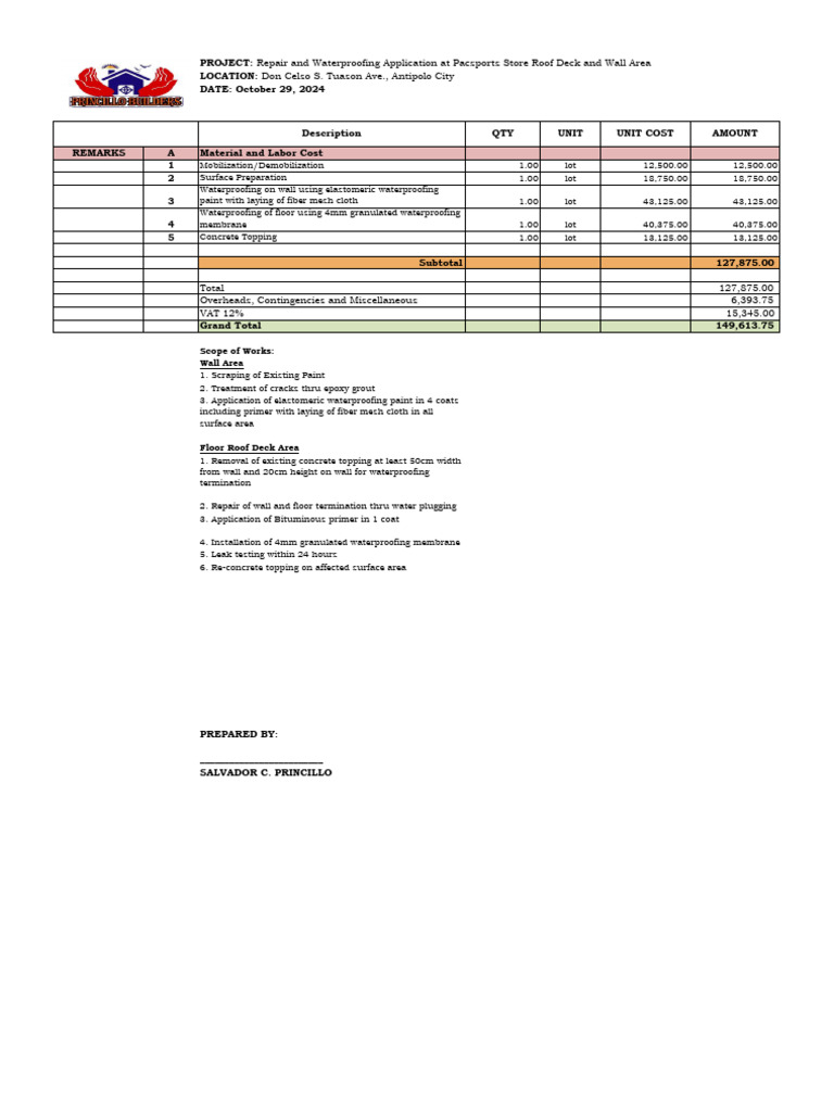 Waterproofing Project Cost Breakdown | PDF | Civil Engineering ...