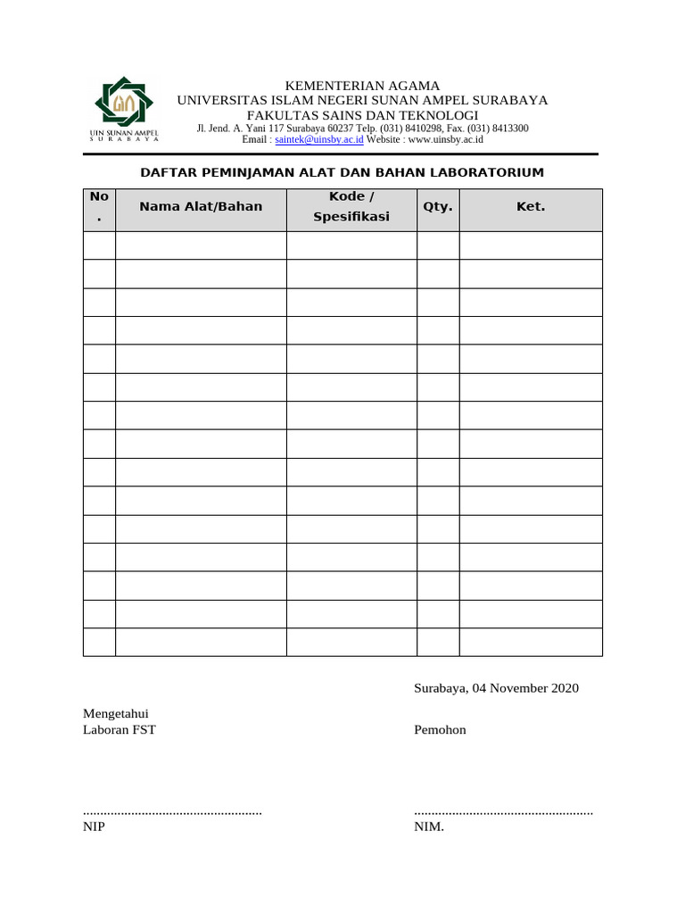 Daftar Peminjaman Laboratorium FST UIN Surabaya | PDF