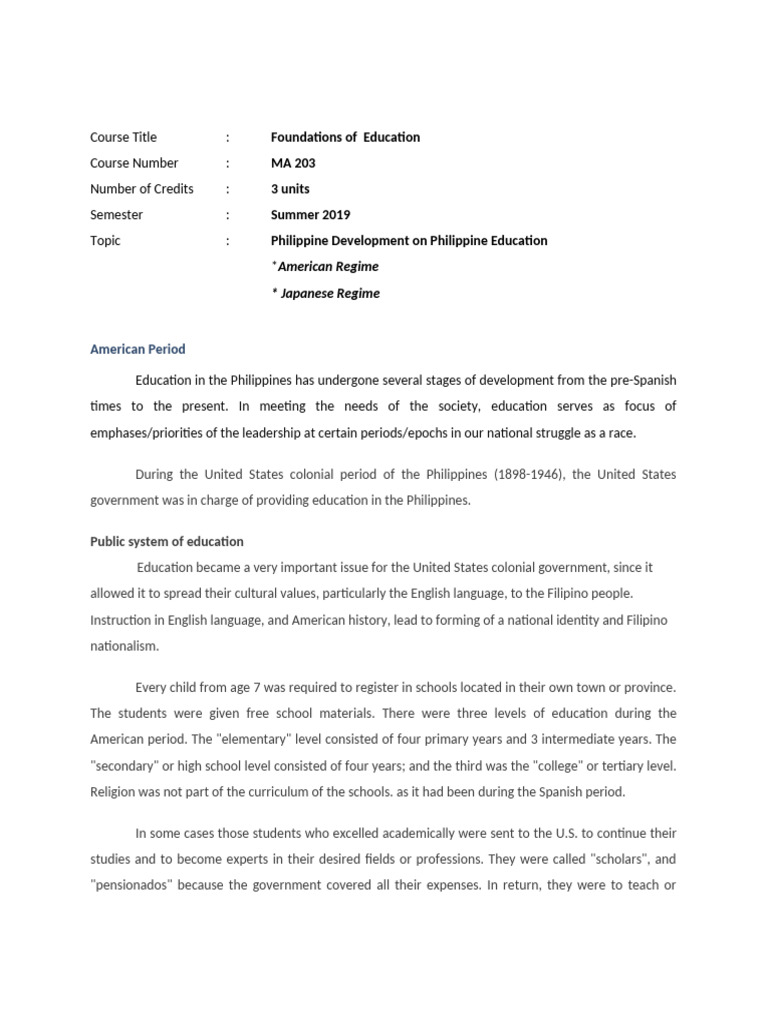 Philippine Development On Education-Japanese and American | PDF ...