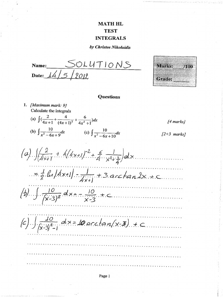 TEST 1. Integrals (SOLUTIONS) | PDF