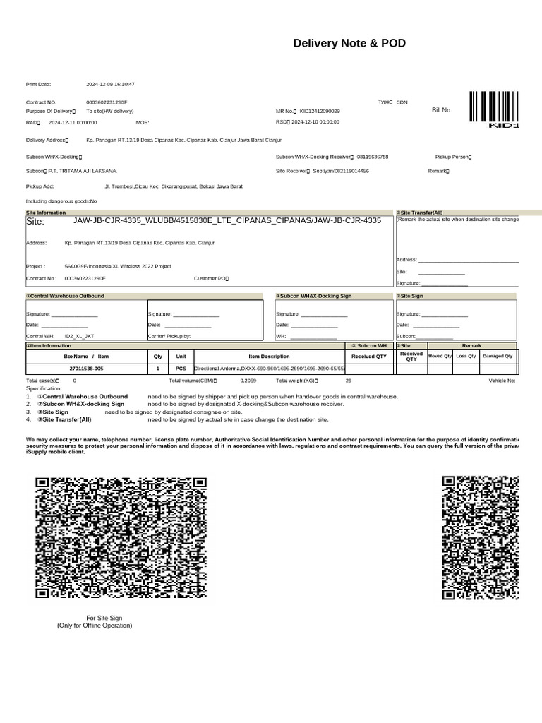Delivery Note for Tritama Aji Laksana | PDF
