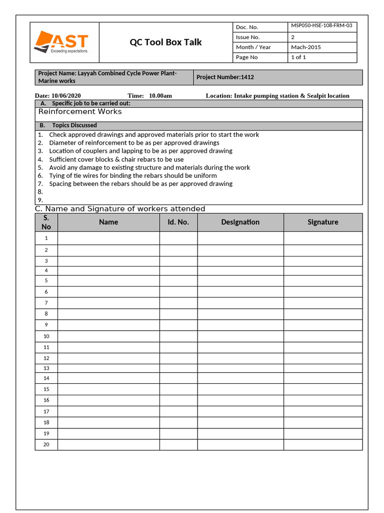 QC Tool Box Talk: Reinforcement Works | PDF