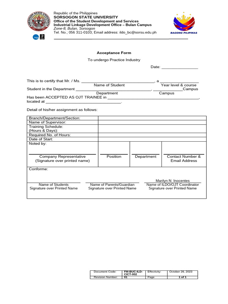 Acceptance Form Ojt CICT2024 | PDF