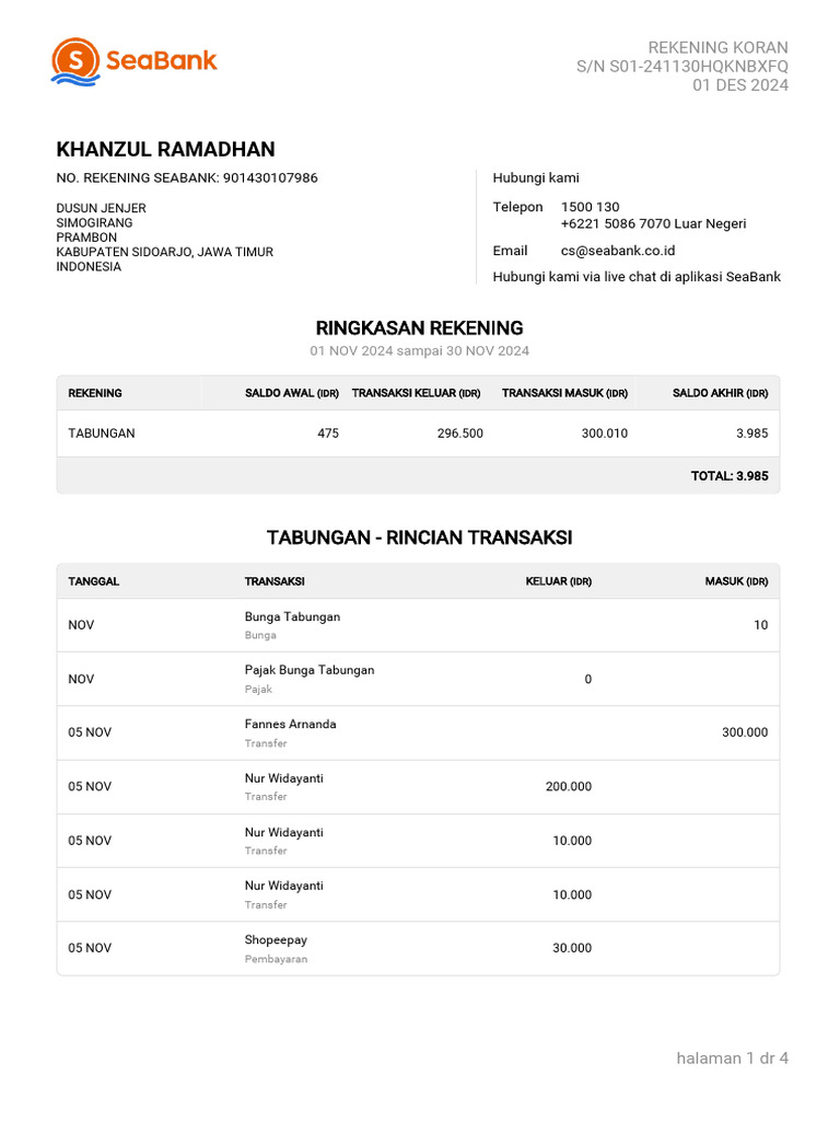 Ringkasan Rekening Korang SeaBank | PDF