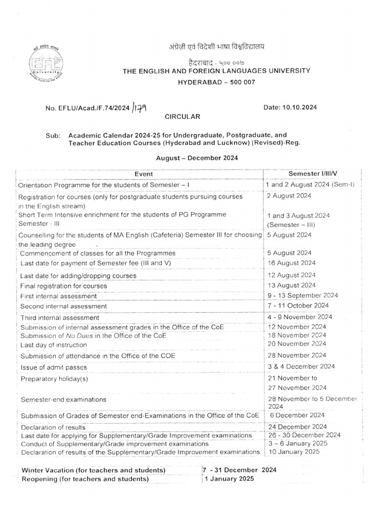 Academic Calendar 2024-25 EFLU | PDF | Academic Term | Educational ...