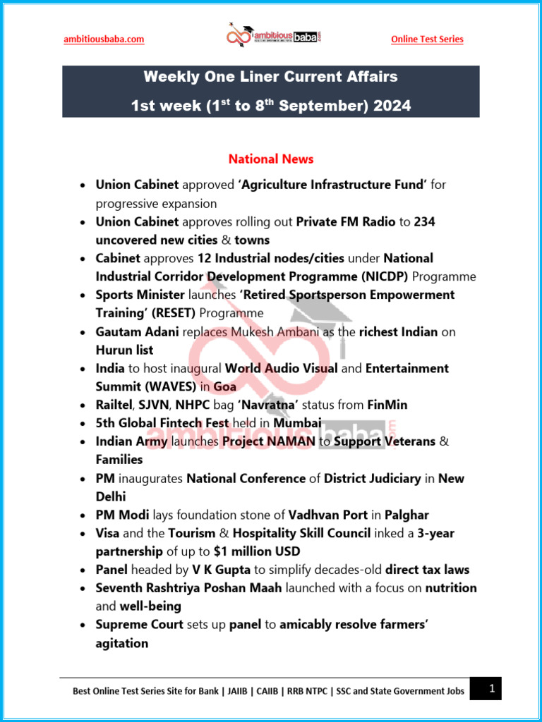 Weekly Current Affairs: Sept 1-8, 2024 | PDF